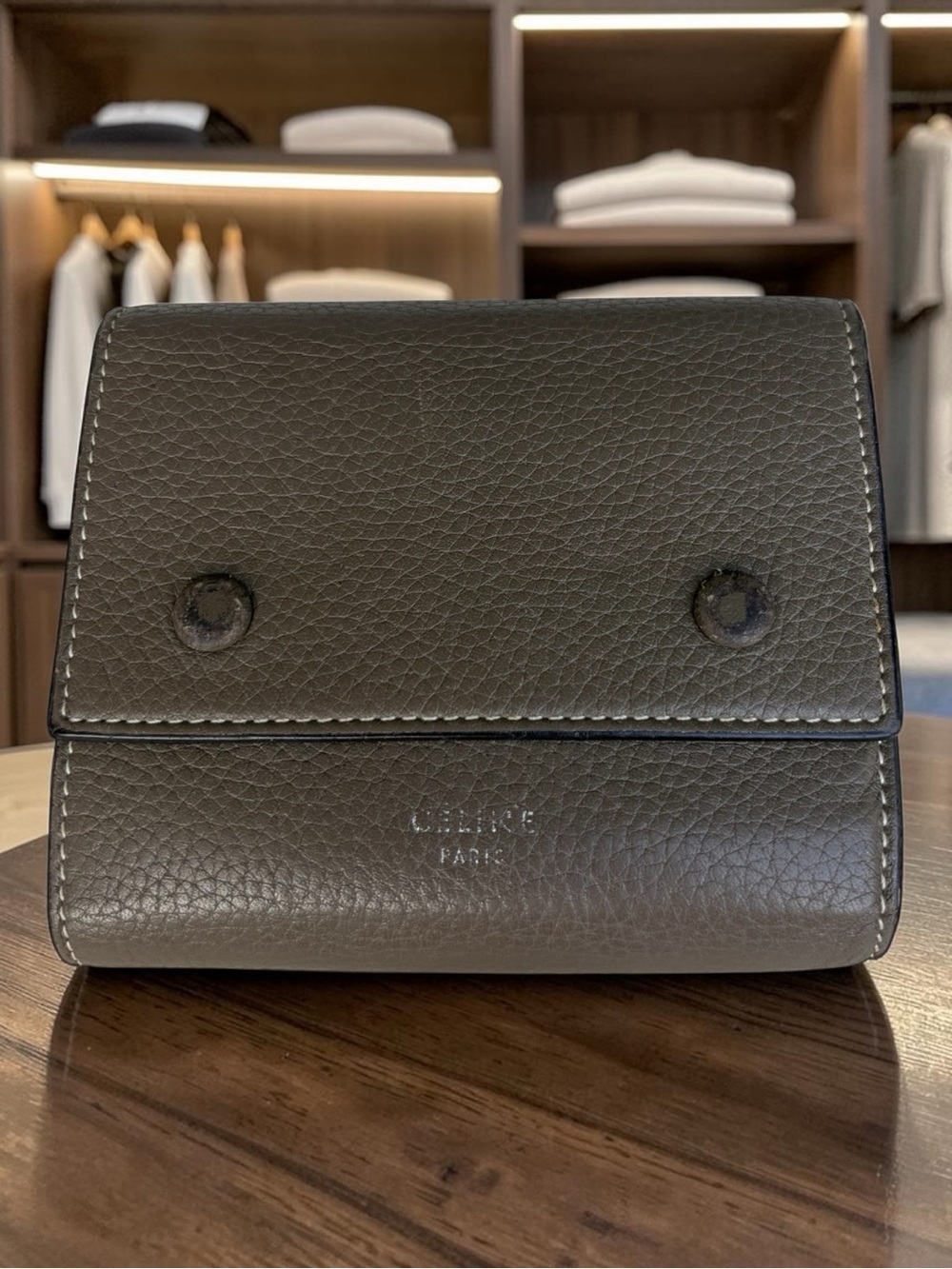 Celine Pebbled Leather Compact Wallet Elephant Gray Yellow Interior
